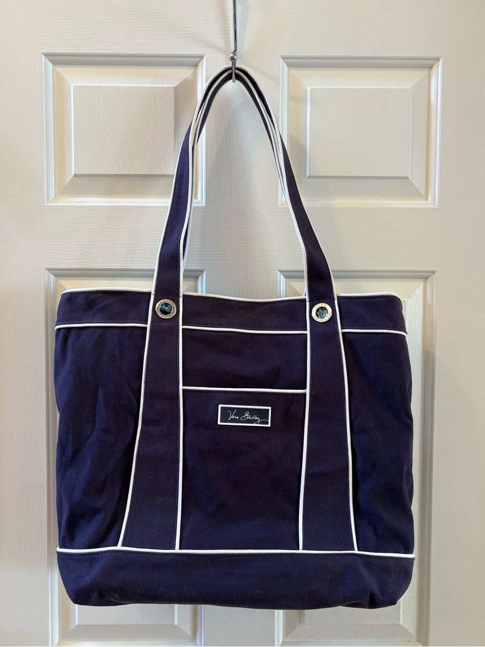Vera Bradley Cotton Canvas Boxy Tote Bag Navy Blue White Trim 20”x16”x8”